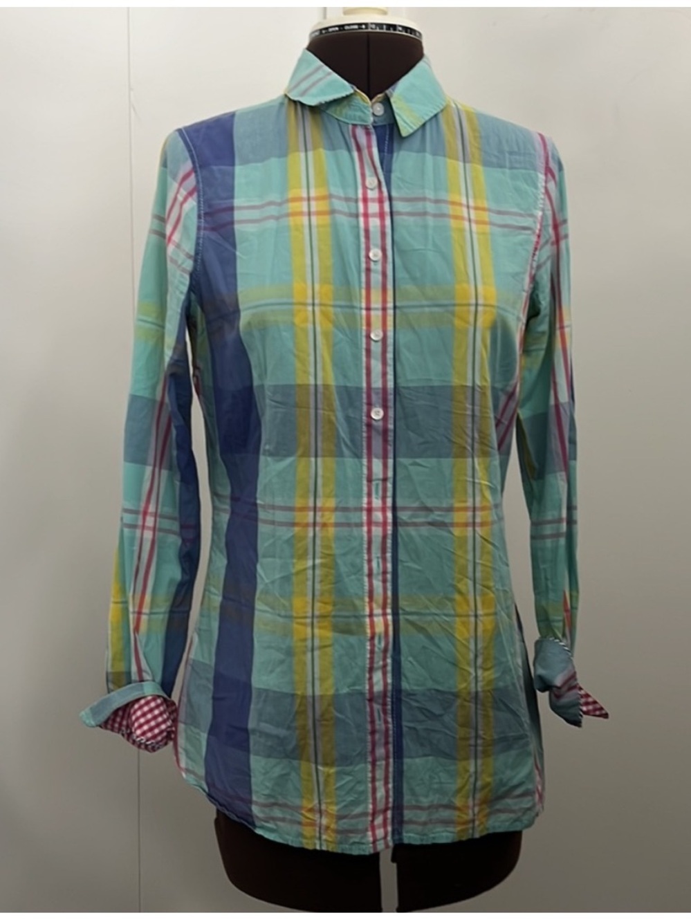 Tommy Hilfiger Plaid Button-Down Shirt in Aqua, Blue & Yellow S